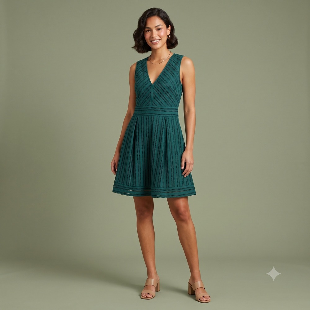 J.Crew Green Textured Chevron Eyelet Dress 6 Sleeveless Plunge V-Neck A-Line